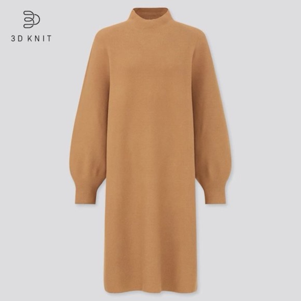 Uniqlo 3D Knit Balloon Sleeve Long Sleeve Mock Neck Dress in Tan Brown